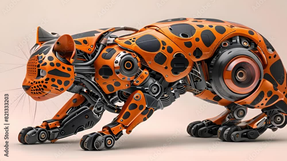 Poster this orange and black robot cat walks on a plain white surface.