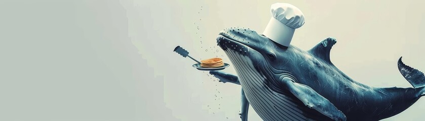 A whale wearing a chefs hat and apron, holding a spatula and flipping pancakes against a light gray background with copy space