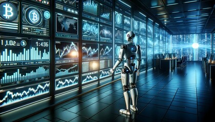 A humanoid robot is standing in front of a wall filled with data, processing information. The robots sensors are scanning the data points displayed on the screen.