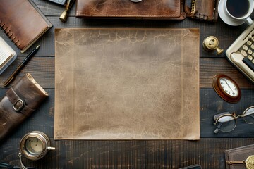 Blank vintage card for Bosss Day, showcasing elements of office appreciation in modern classic styles, and big copy space in the center for text