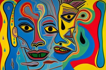Colorful Abstract Art Illustrating Faces With Geometric Patterns, Vibrant Background, Bold, geometric shapes and a vibrant palette of colors come together to form abstract faces, cubism, surrealism