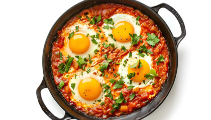 Delicious shakshuka in frying pan isolated on white, top view