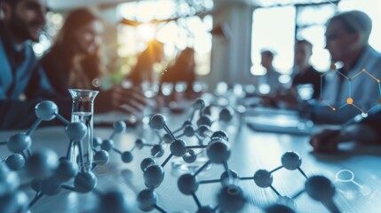 A meeting of molecular compounds gathering at tables and exchanging energetic greetings.