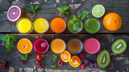 Top view of many glasses with different types of juices surrounded by many fruits and citruses. Healthy vitamin drink