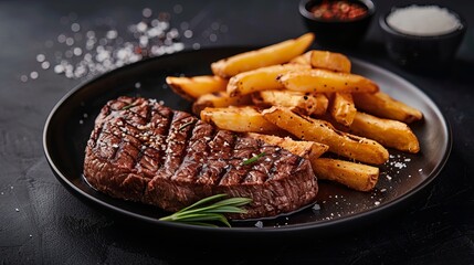 A juicy, slightly pink steak with crispy fries on a stylish black plate against a dark background.