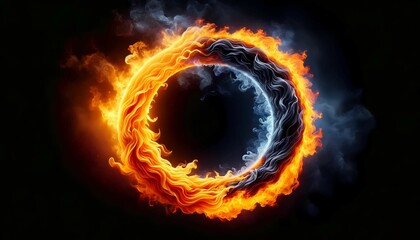 A ring of fire blazing brightly against a solid black background, creating a striking contrast. The flames flicker and dance, forming a perfect circle of intense heat and light.
