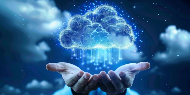 Blue glowing cloud in the hands. Concept of cloud computing, data storage and global network.