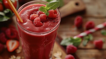 Raspberry smoothie with a red straw close-up decorated with whole raspberries on a wooden table....