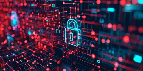 glowing blue padlock icon over red circuit board