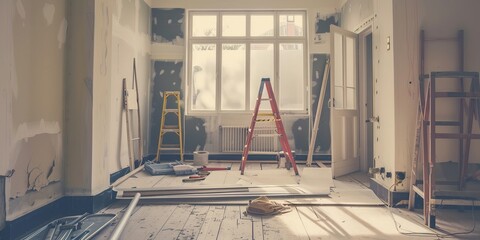 The image shows a room under renovation. There are ladders, tools, and other equipment in the room. The walls are bare and the floor is covered in dust.