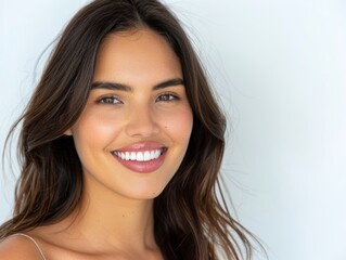 Stylish young brunette woman smiling on a white background. Beauty and fashion. Style.