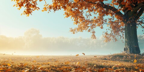 The photo shows a beautiful autumn landscape with a large tree in the foreground and a meadow in the background