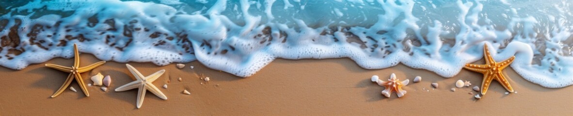 Zenithal view of sea waves breaking against the sand on the beach and starfish and shells on the beach. The water is crystal clear and the day is sunny. Vacation and summer concept