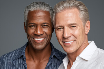 Tender Affection in Studio Photoshoot of Interracial Senior Gay Couple