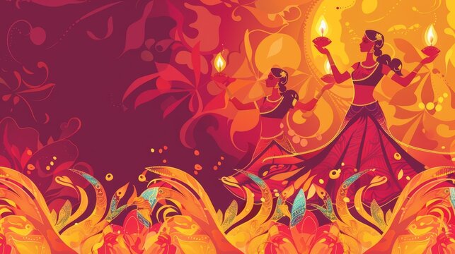 Illustration cards blank template for text of Diwali in colorful styles, with vibrant colors and elements of cultural performances, including space for text in the center for text