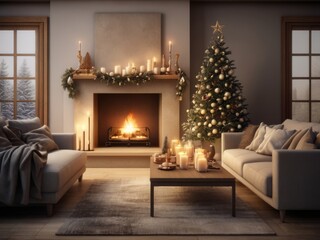 Fototapeta premium Create a holiday sanctuary in your living room with a glowing fireplace and enchanting festive adornments.