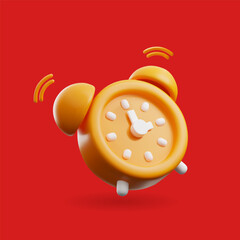 Vector 3d alarm clock icon is orange in color, isolated on a red background