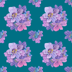 Fototapeta na wymiar Seamless pattern of Watercolor flowers floral lilac bouquet round. Hand drawn illustration. Botanical painted floral elements on blue green background. Spring flower drawing. For fabric, wallpaper