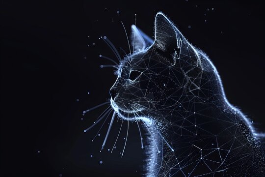 Digital art of a cat formed from a network of luminous lines on a dark background, conveying a futuristic and abstract theme.