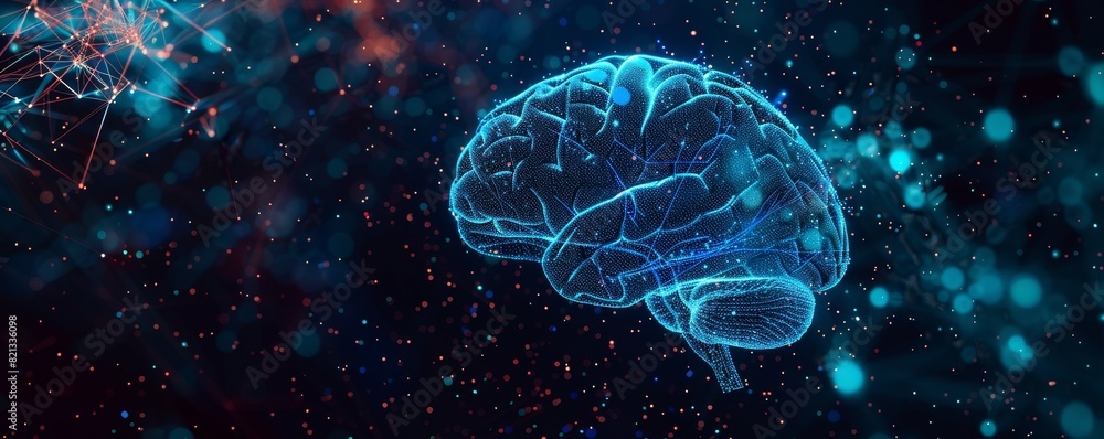 Poster digital illustration of a human brain with glowing lines and circuits on a dark background represent