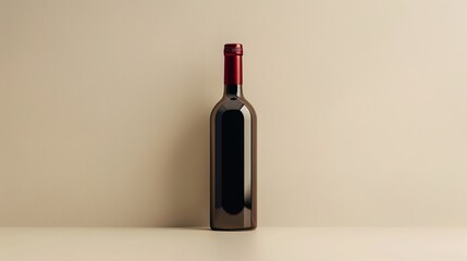 A red wine bottle with an old wooden design. A simple arrangement on a beige backdrop for promoting products, building brand identity, and designing packaging. Room for text.