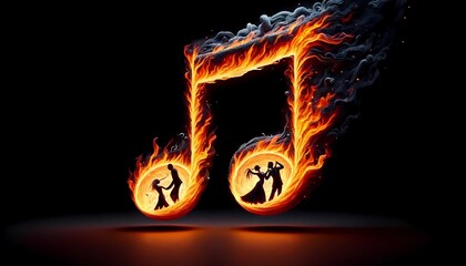 A musical note with flames bursting out of it, creating a dynamic and intense visual. The flames seem to be engulfing the note, giving it a fiery and energetic appearance.