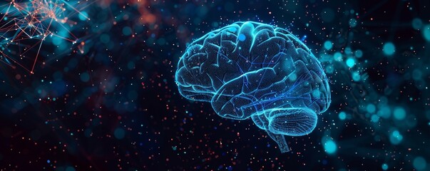 Digital illustration of a human brain with glowing lines and circuits on a dark background representing artificial intelligence and technology.
