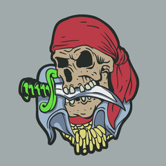 Skull Pirate With Knife in Mouth Sticker Cartoon Vector Illustration