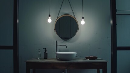 sink, mirror and hanging lights as main elements of the composition generative ai
