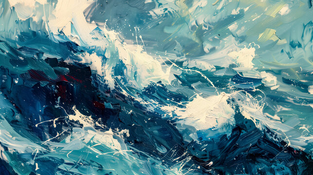 A painting of a large wave in the ocean with white and blue paint