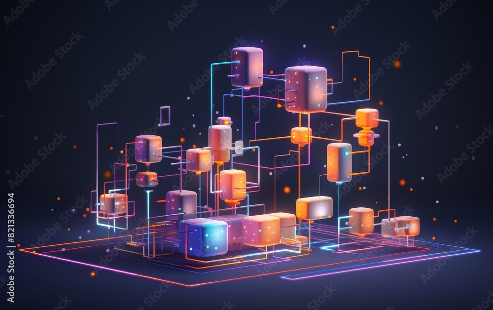 Poster futuristic 3d illustration of interconnected blockchain and data nodes with vibrant colors on a dark