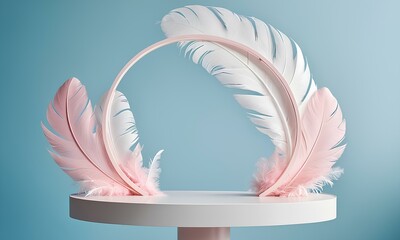 Oval Satin-Finished White Podium with Feather Engravings and Pastel Feather Backdrop