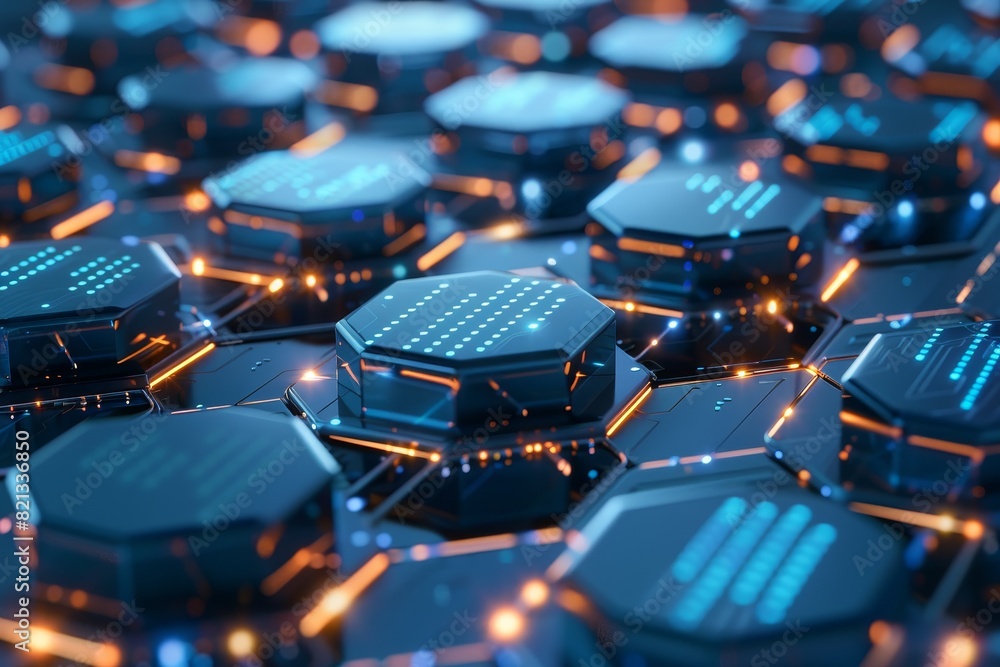 Poster Futuristic circuit board featuring hexagonal components with glowing orange and blue lighting, representing advanced technology and AI.