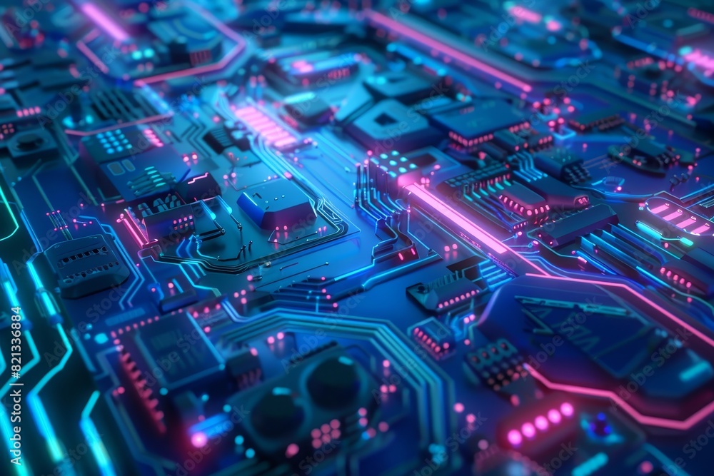Poster futuristic circuit board with glowing neon lights, showcasing advanced technology and intricate elec