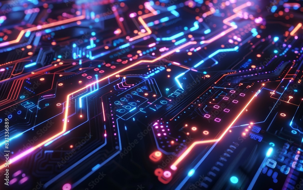 Poster Futuristic circuit board with glowing neon lights, showcasing advanced technology and electronic components in vibrant colors.
