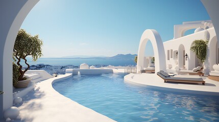 A 3D rendering of a luxurious swimming pool in Santorini