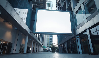 Empty white mock-up billboard template in a modern city setting. Mockup Large white blank billboard displayed on the outdoor against Promotion information for marketing announcements concept.