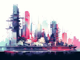 Naklejka premium Futuristic cityscape illustration with tall skyscrapers, vibrant colors, and modern architecture, showcasing urban innovation and technology.