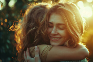 Two friends sharing a warm hug outdoors, Caucasian woman hug her friend
