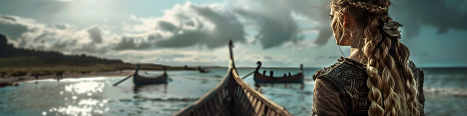 Female Viking Warrior Disembarking from a Long Ship