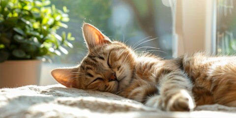 Cute tabby cat sleeping on a blanket in the sun