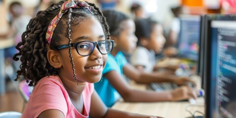 Little girl smiling while using computer in classroom.