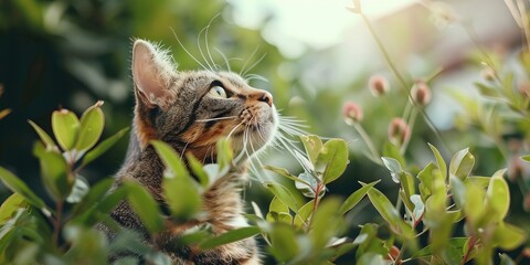 A cat is sitting in a bush and looking up at something. The cat is brown and white, and the bush is green. The background is blurry, and the sun is shining brightly.