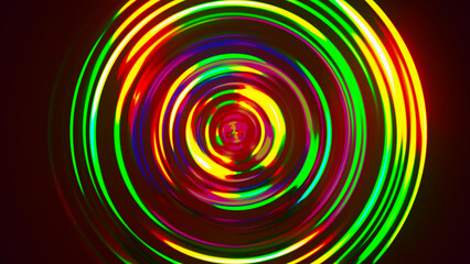 Colorful concentric neon circle. Multicolor RGB swirl background. Neon futuristic abstract magic circle. Spiral illustration. Wavy pattern. 3D rendering.