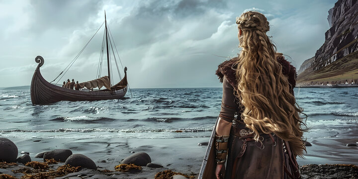 Female Viking Warrior Disembarking from a Long Ship