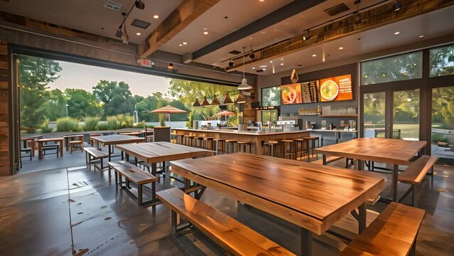 This Dining area in a restaurant with wooden tables and benches for seating.