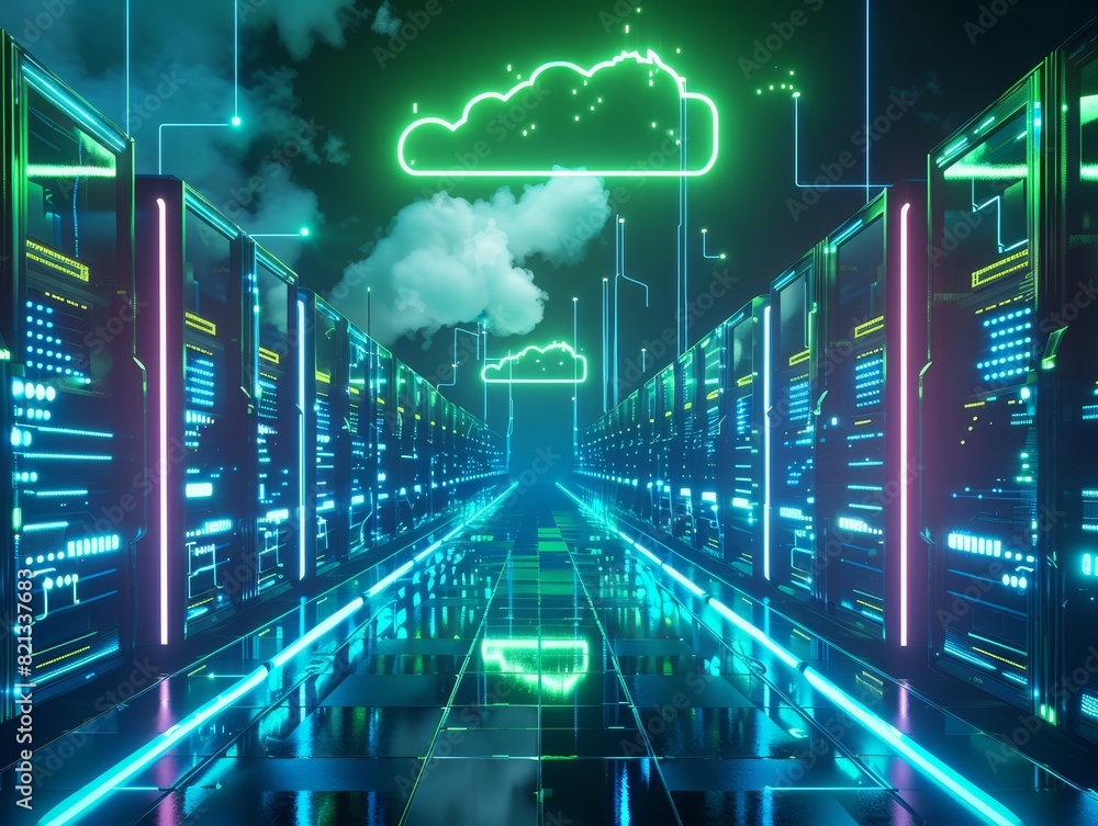 Aufkleber futuristic data center with glowing cloud icons and neon lights, representing cloud computing and ad