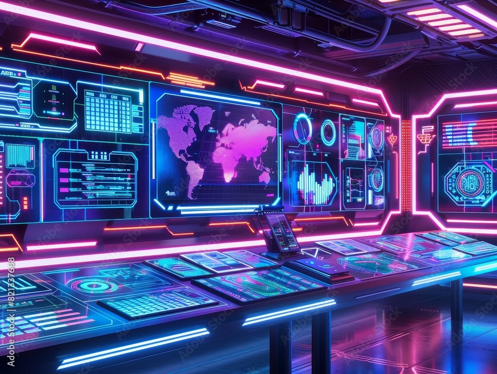 Poster futuristic control room with neon lights, digital screens displaying global data, graphs, and maps. 