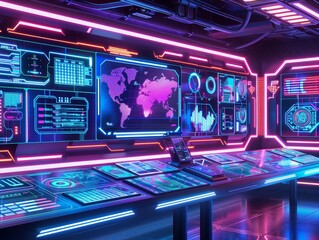 Obraz premium Futuristic control room with neon lights, digital screens displaying global data, graphs, and maps. High-tech interface and modern design.