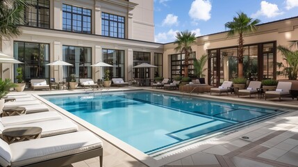 Fototapeta premium Swimming pool with crystal clear water in a luxury hotel with a modern façade. Luxury holiday, rich life